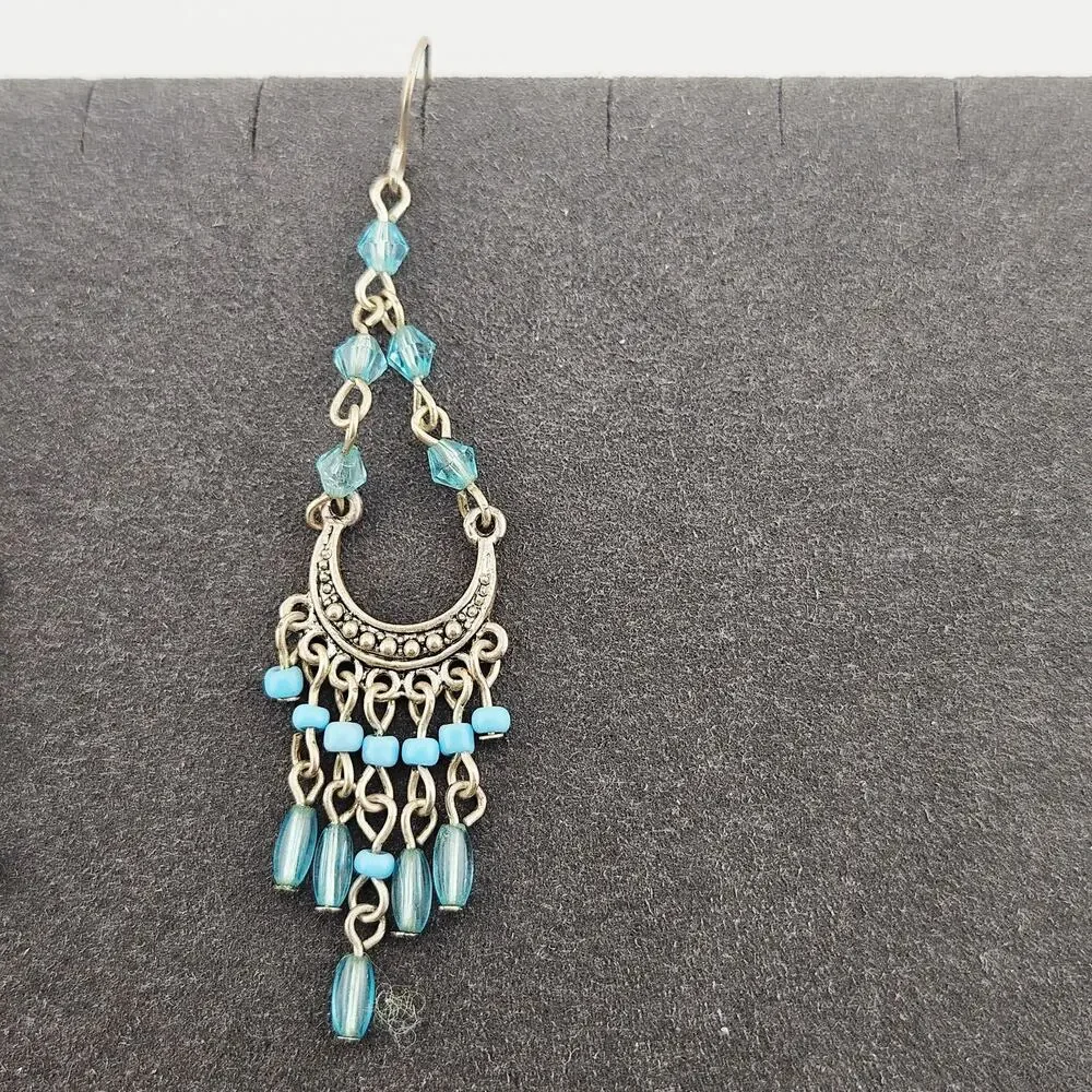 Silver Tone Chandelier Drop Earrings Light Blue Dangle Bohemian Western Cowgirl